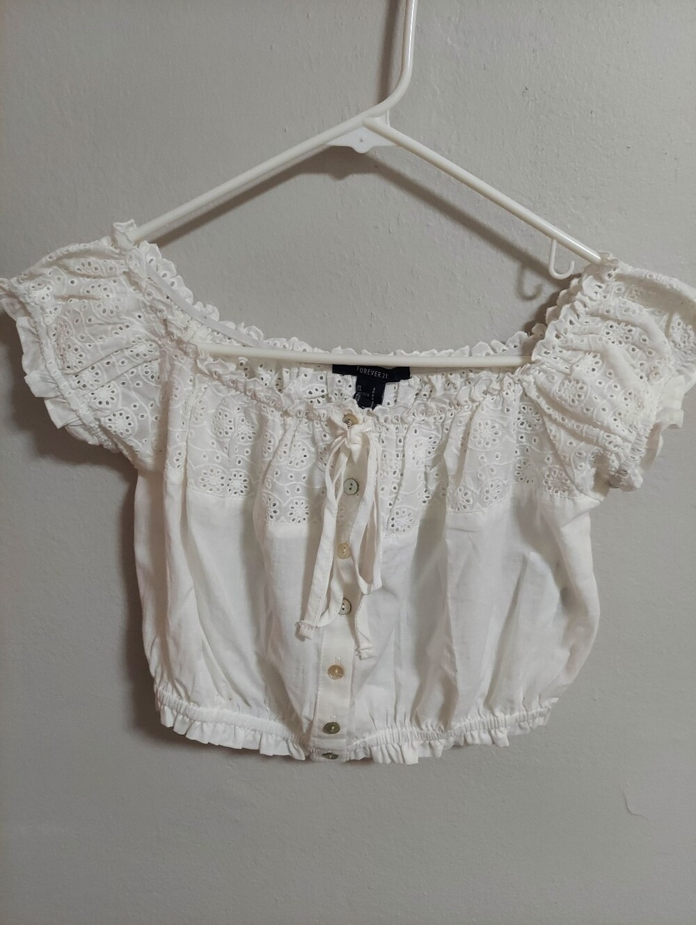 Forever 21 White Eyelet Button-Front Off-Shoulder Crop Top
